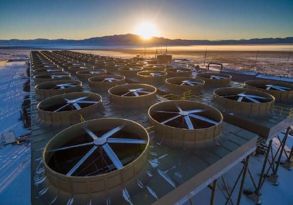 The cooling towers of the Ormat Tungsten Mountain hydrothermal plant, located in Nevada