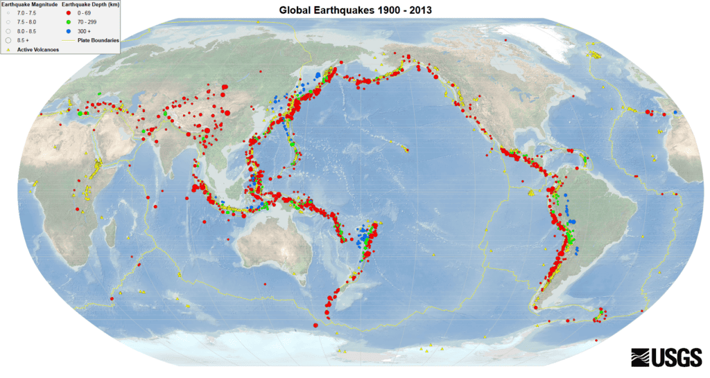 Volcanoes and earthquakes clearly define the outline of the Ring of Fire around the Pacific Ocean.