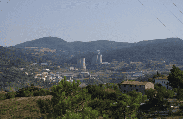 The modern geothermal plant at Larderello in Italy, the first example of humans harnessing geothermal energy for the production of electricity, dating back to 1914.